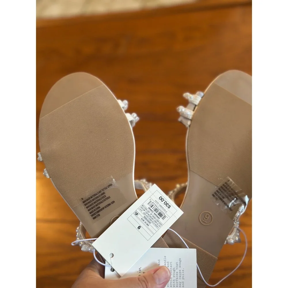 A New Day Aida Ivory Faux Pearl Multi Strap Slide Sandals Womens 9 NEW